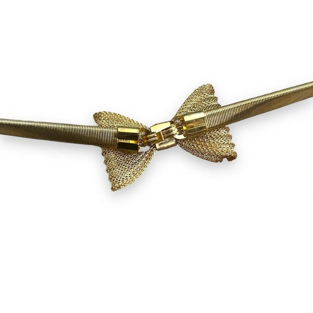 Vintage Gold & Rhinestone Bow Stretchy Metal Skinny Belt